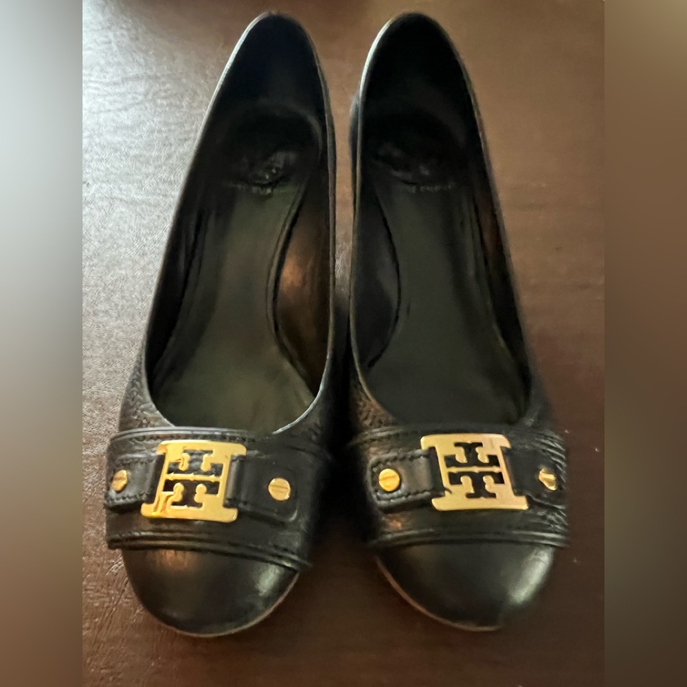 Tory Burch Black Flats with Gold Logo